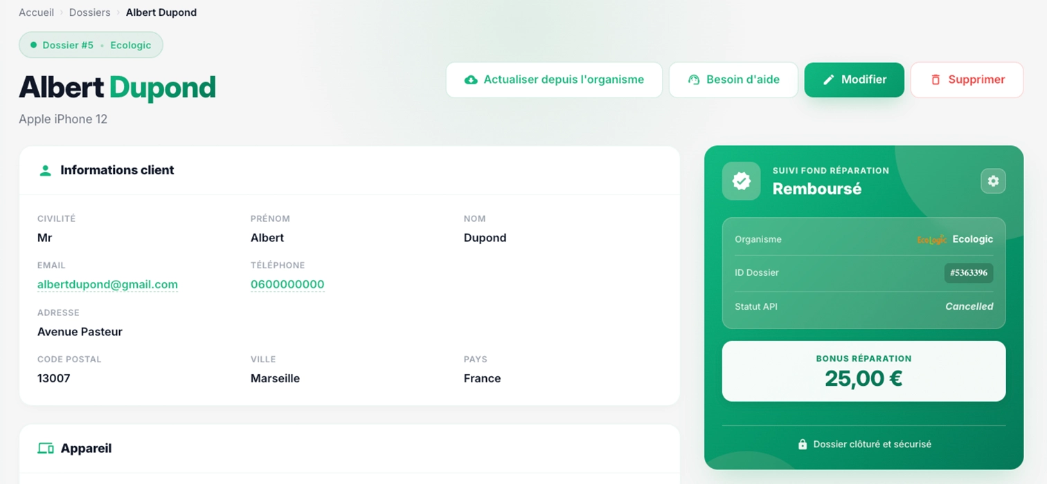 Interface Bliink - Tableau de bord de gestion QualiRépar